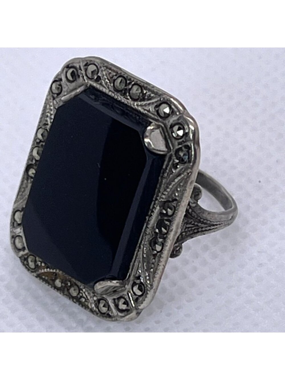 Art Deco Ring Black Onyx Marcasite Sterling Silver Statement Estate Size 6.25 - Picture 2 of 12